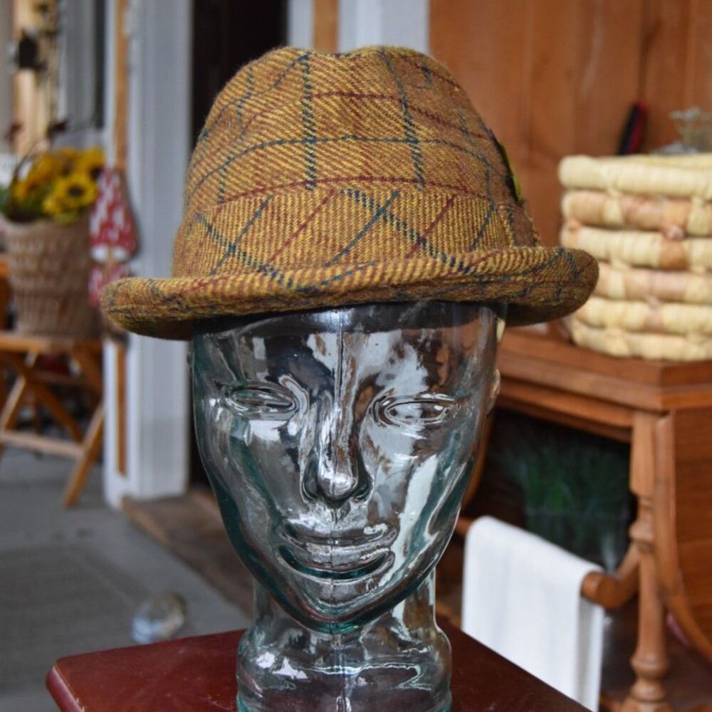Vintage 60s Mallory Plaid Tweed Fedora Hat Gold Brown Feather Trim Tagged Size 7